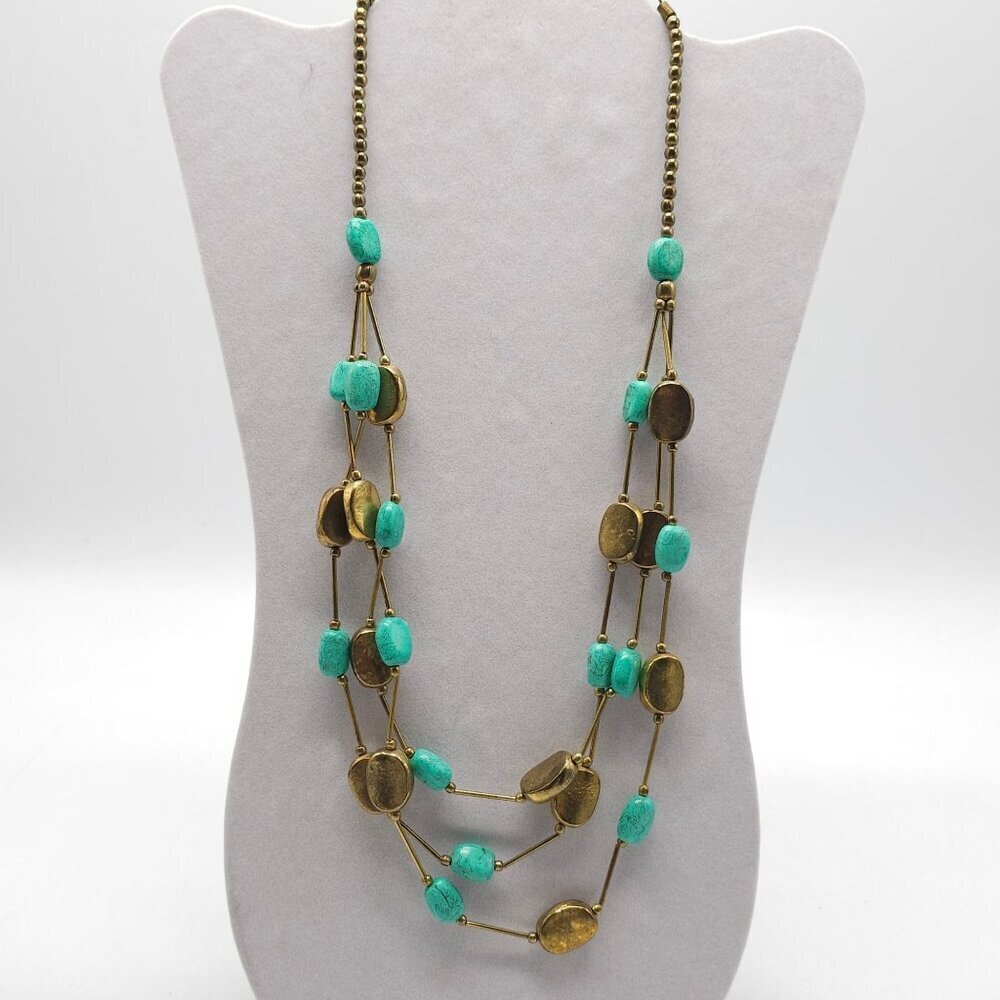 Vintage Multi-Strand Brass Turquoise Bead Necklace With Lobster Clasp Closure 25